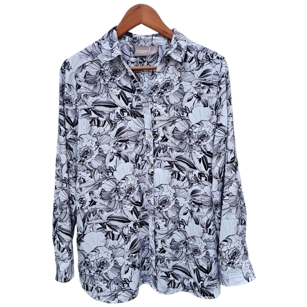 Chico's Back White Floral Long Sleeve Blouse Size 1 (M)